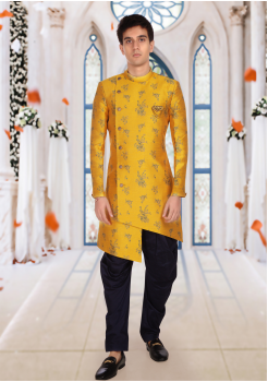 Yellow With Black Color Art Silk Fabric Indo Western
